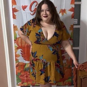 SHEIN Size XL V Neck Brown & Red, Blue, Pink Floral Leaves Mini Flare Dress